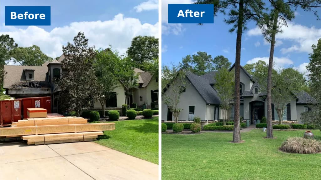 Illustrative before-and-after view of fire damage and a restored property